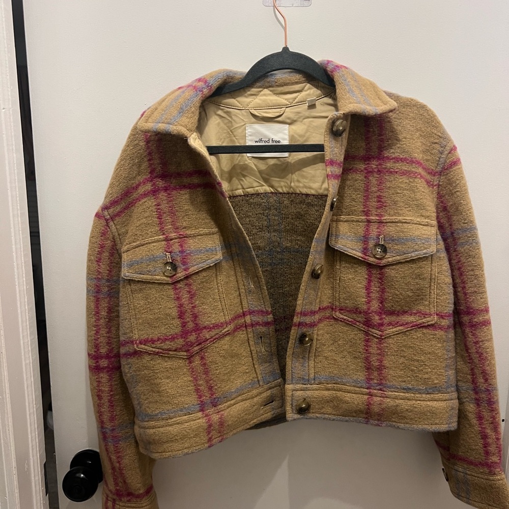 Aritizia Wilfred free Tan and Pink Plaid Teddy Jacket